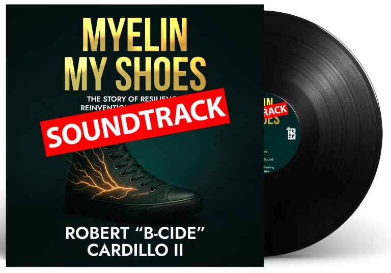 Vinyl record partially slid out from the Myelin My Shoes soundtrack cover.